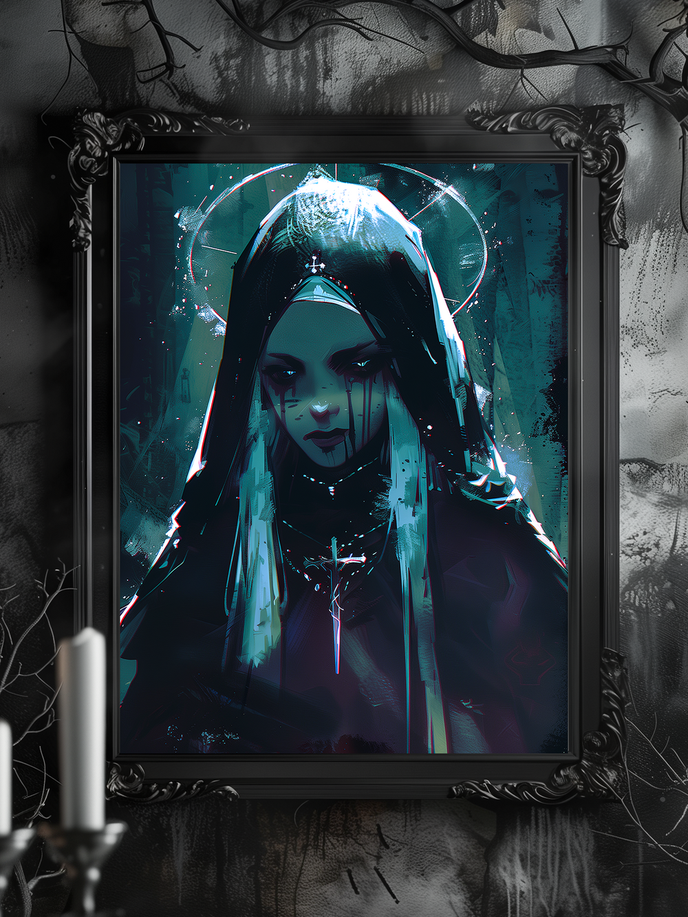 Atmospheric gothic poster of a sorrowful nun with glowing halo, bleeding eyes, and crucifix necklace, ideal for dark spiritual decor and occult-themed interiors.