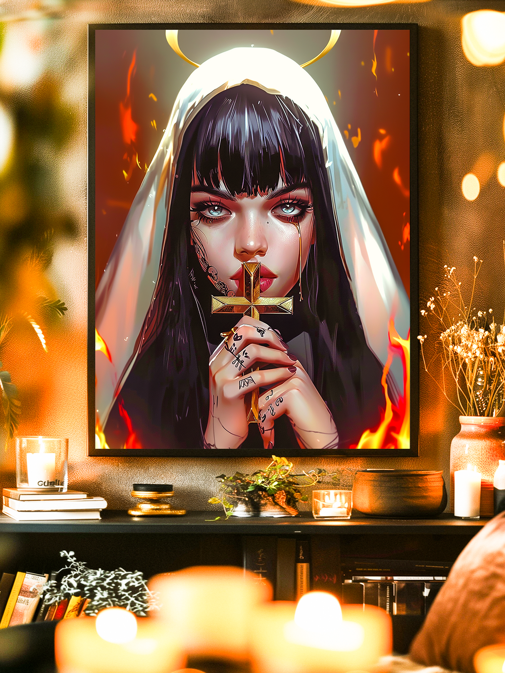 Powerful wall art featuring a dark haired woman with glowing eyes, holding a cross close to her lips, framed by a radiant halo and fiery background. Inspired by gothic sacred art and church iconography.