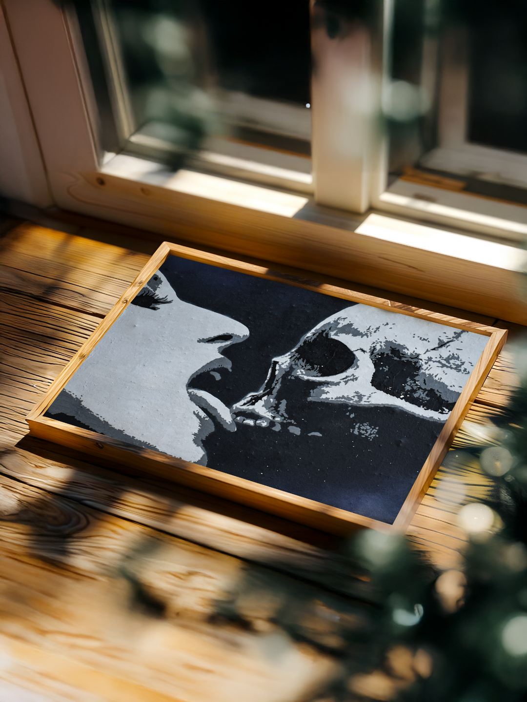 Horizontal street art print with a bold black and white image of a woman facing a skull, symbolizing love and mortality. The framed artwork rests on a wooden floor near a bright window, bathed in warm natural sunlight. Surrounded by soft shadows and greenery, the setting blends edgy graffiti aesthetics with cozy modern home decor.