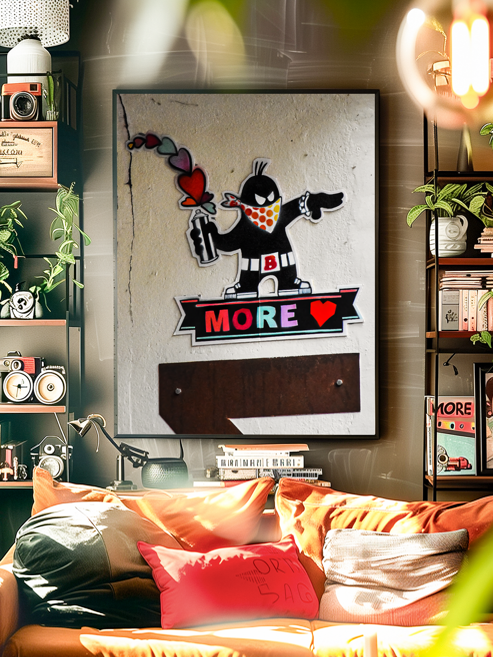 A bold graffiti-style artwork with a masked cartoon character spraying red and pink hearts, integrated into a vibrant room full of retro cameras, plants, shelves, and warm-toned cushions, creating a cozy and realistic apartment scene.
