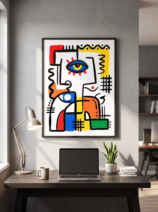 The Watcher colorful abstract eye wall art in a black frame hanging above a dark wooden desk with laptop, desk lamp, coffee mug and plant in a modern home office