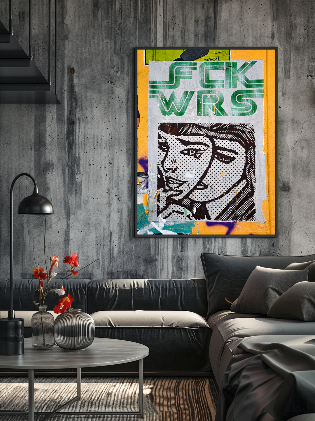 Framed comic-style pop art poster displayed in a stylish industrial living room with concrete walls, a black sofa, and a round coffee table with modern vases and red flowers. The space combines raw textures with sleek, minimalist furniture, highlighting the artwork’s bold urban design and typographic statement.