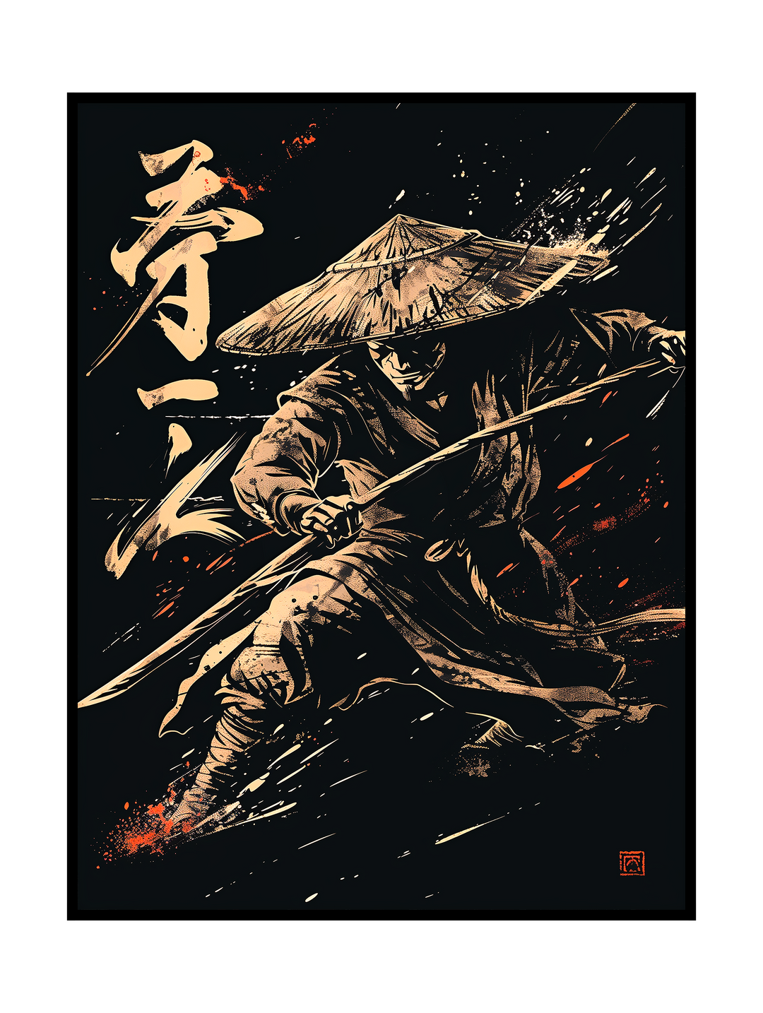 Dramatic ink-style illustration of a samurai warrior in motion, rendered with expressive brush strokes on a deep black background. The artwork features a dynamic pose, traditional straw hat, flowing robes, and Japanese calligraphy, evoking classic sumi-e aesthetics with a raw, energetic, and timeless martial atmosphere.