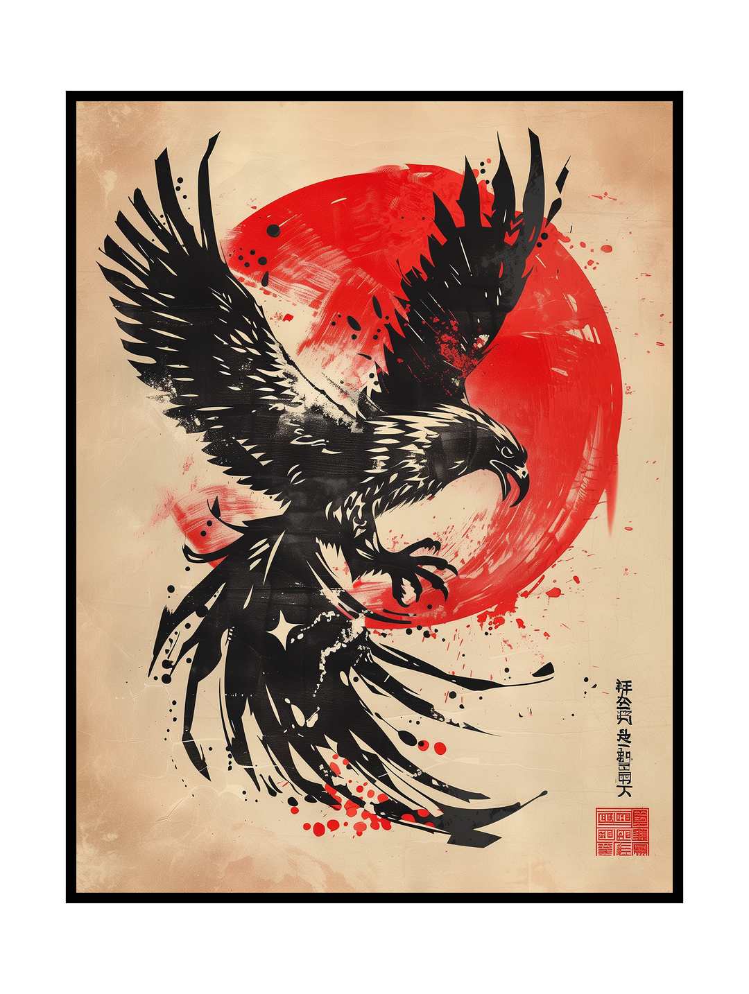 A striking ink-style illustration of a black raven captured mid-flight, its wings spread wide with sharp, expressive brushstrokes. The bird is set against a bold red sun, creating a powerful contrast with the muted beige background. Splattered ink details and rough textures add movement and intensity, while subtle calligraphic elements evoke a traditional East Asian ink painting aesthetic. The composition feels dynamic and symbolic, strength, freedom, and raw energy through minimal color and dramatic form.