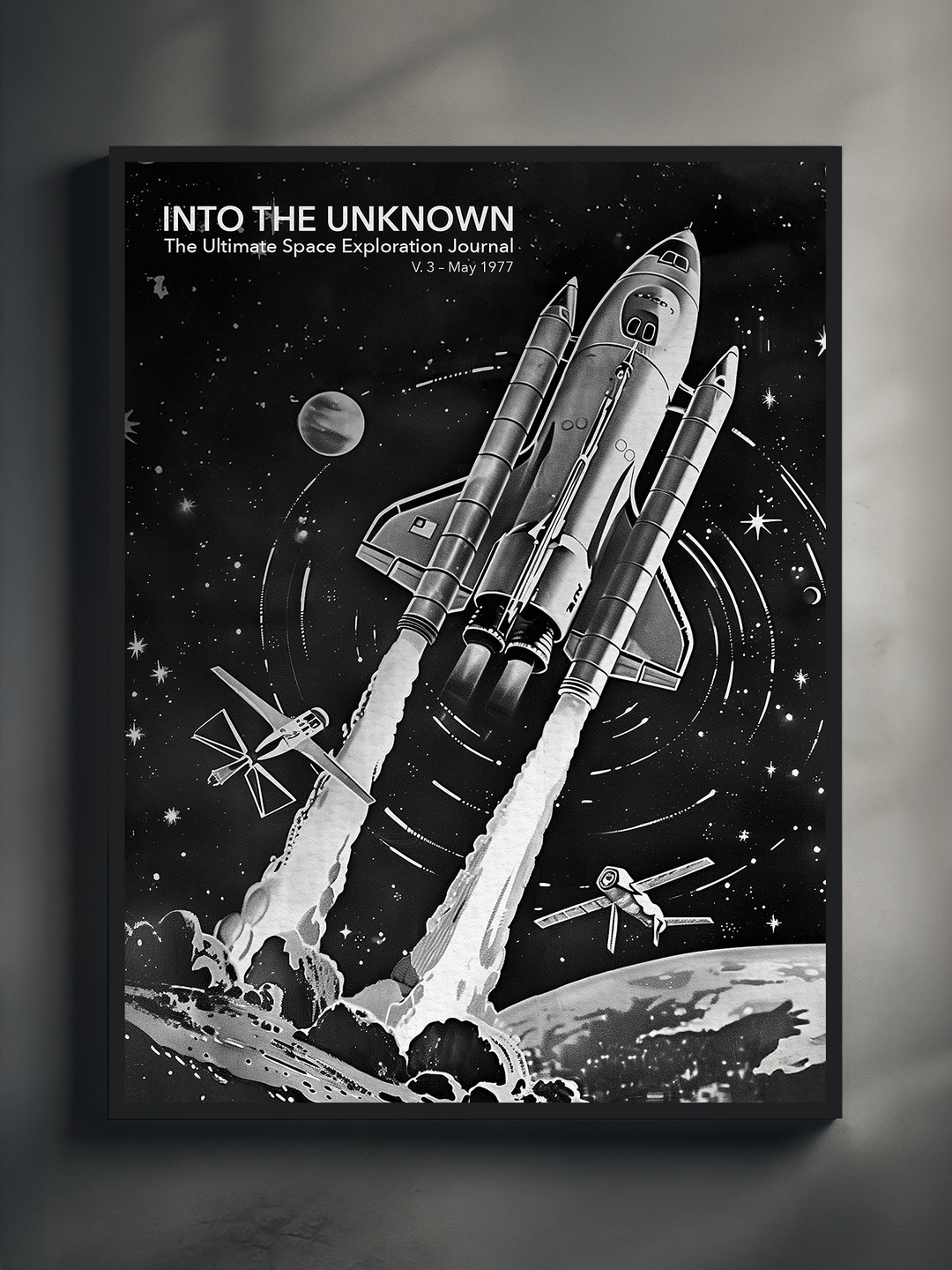 Black and white vintage-style poster showing a detailed space shuttle launch with astronauts, satellites, and planetary elements. Titled “Into The Unknown – The Ultimate Space Exploration Journal, V.3 – May 1977,” the artwork is framed in black and set against a soft neutral background. A nostalgic tribute to classic space missions, perfect for sci-fi enthusiasts and retro wall art collections.