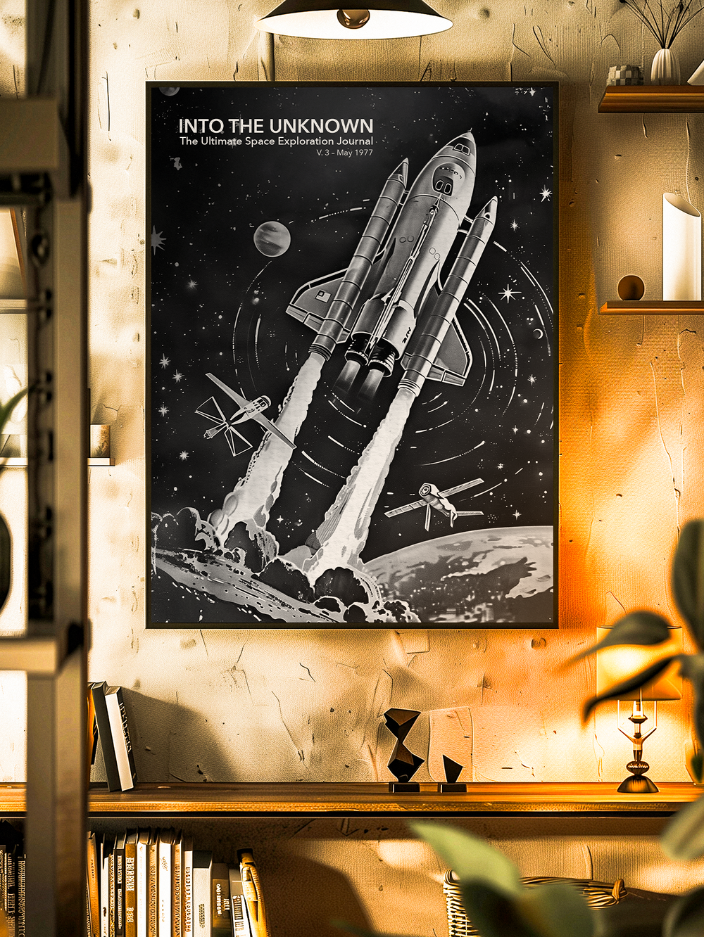 Black and white retro space-themed poster featuring a space shuttle launch with planets and satellites in the background, displayed in a cozy room setting with shelves, books, and warm lighting.