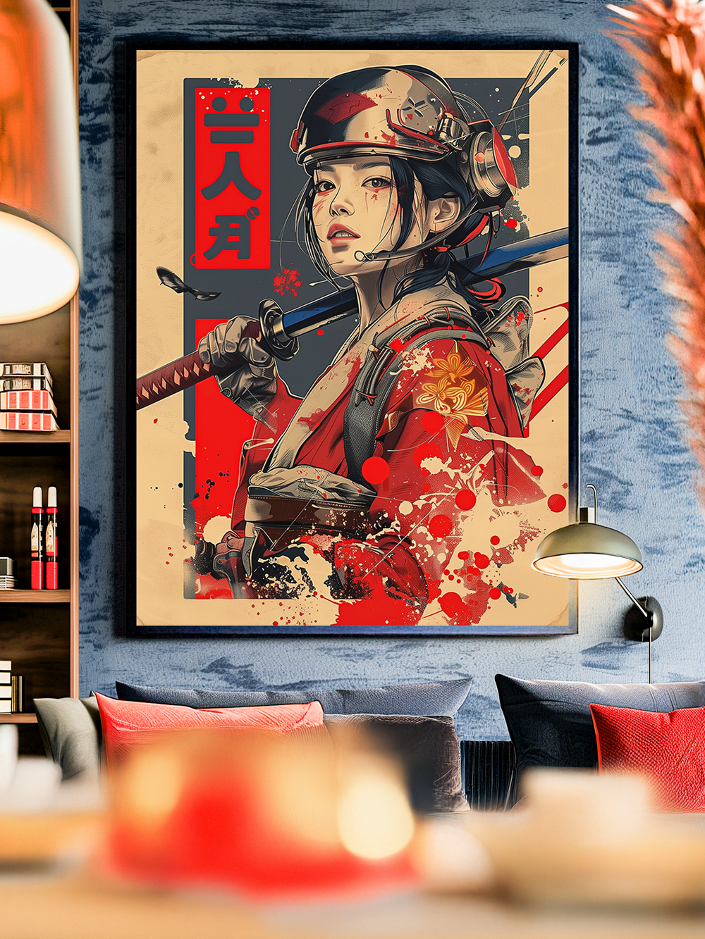 Striking cyberpunk-inspired Japanese wall art featuring a futuristic female samurai in red armor with a katana. Perfect for modern interiors and bold statement decor.