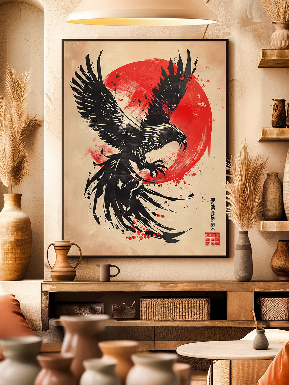 A striking Japanese wall art print featuring a black ink eagle in dynamic flight against a bold red rising sun, symbolizing power, freedom, and traditional Asian artistry.
