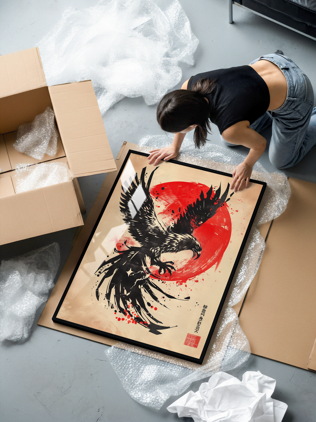 A woman kneels on the floor unboxing a framed Japanese style eagle illustration. The artwork shows a bold black ink eagle in mid flight over a textured red sun circle, with calligraphy elements and a red stamp in the corner. The frame rests on bubble wrap beside open cardboard boxes in a bright studio setting.