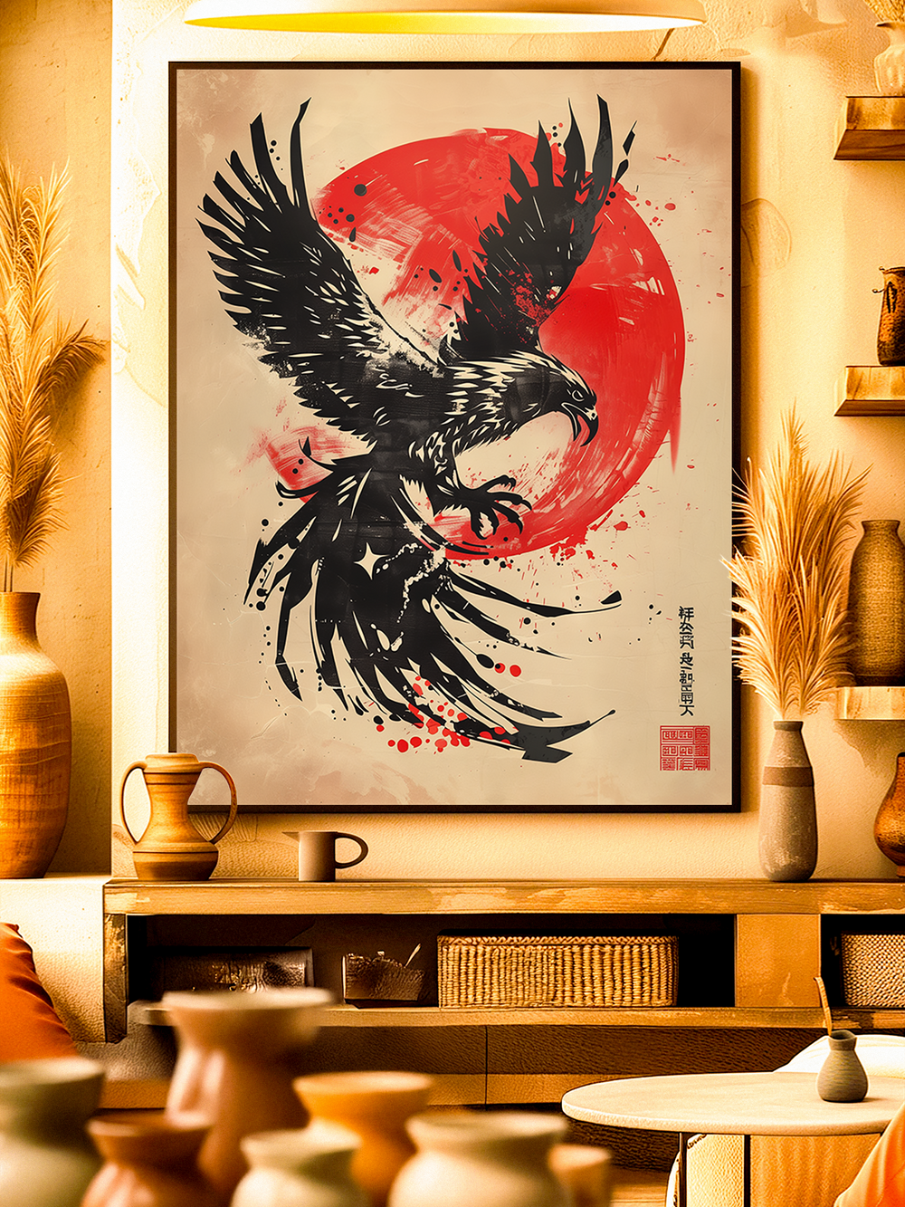  Striking Japanese-inspired wall art featuring a powerful black hawk in dynamic ink brush style, set against a bold red sun circle. The design combines traditional calligraphy and modern abstract splashes, symbolizing strength, freedom, and cultural artistry. Perfect as Japanese wall decor, samurai-inspired art print, or bold statement piece for living rooms and creative spaces.
