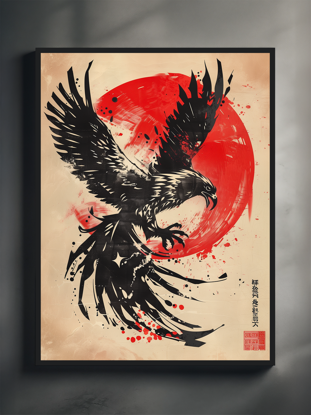 Dynamic Japanese sumi-e style artwork of a fierce black hawk in mid-flight, contrasted against a bold red sun with calligraphy and ink splatters on a beige background, framed as a modern wall art piece.