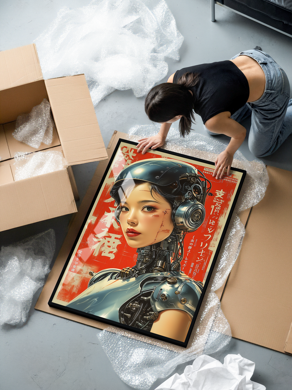 A detailed Japanese retro sci-fi artwork featuring a female android with soft facial features, metallic mecha components and a glossy helmet. The red poster-style background with Japanese typography gives it a vintage yet futuristic look, mixing classic print design with modern robotics. Printed on premium 200 gsm matte paper and framed in a black aluminum frame with shatterproof plexiglass, it adds a bold and stylish tech-inspired mood to any room.