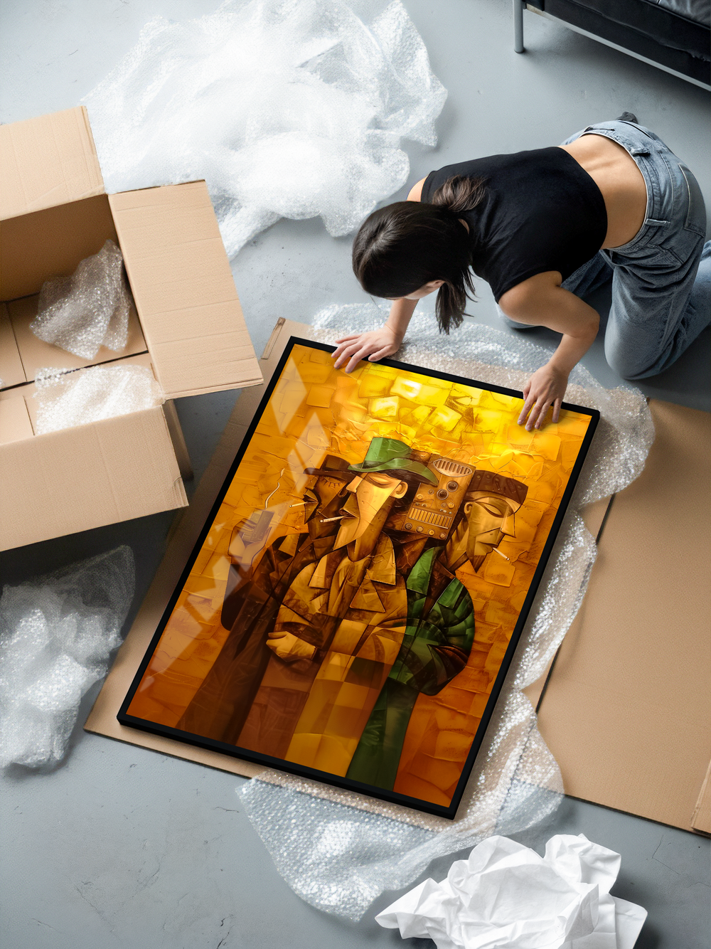 A framed abstract jazz-noir artwork depicting three stylized men in suits, each smoking, set in a warm bar-like atmosphere. Deep browns, greens, and golden-yellow lighting blend with geometric shapes to create a cinematic, smoky mood. The subtle reflection on the high-quality glass keeps the artwork clear while emphasizing the premium black metal frame and museum-grade matte paper.