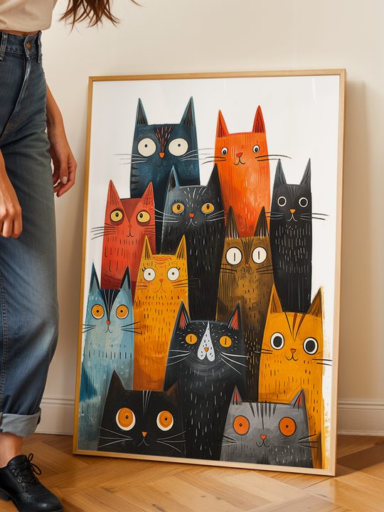 A playful art print featuring a group of colorful illustrated cats with wide eyes and quirky expressions, set in a light wooden frame. The poster leans against a white wall on a wooden floor, held by a casually dressed woman in jeans and a white top, partially visible in the frame, creating a relaxed and modern home setting.