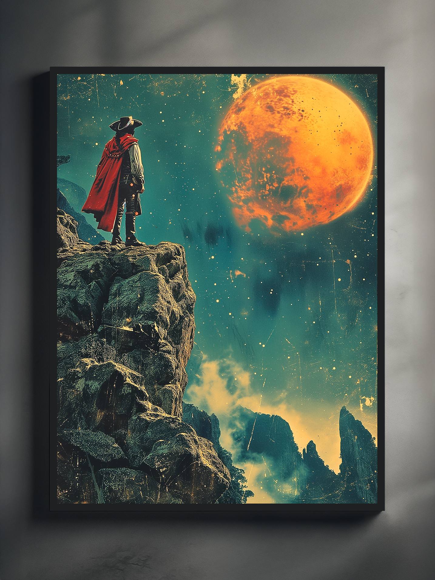 Surreal space poster showing a lone explorer in a red cape standing on a rocky cliff under a starry teal sky with a huge glowing orange planet.