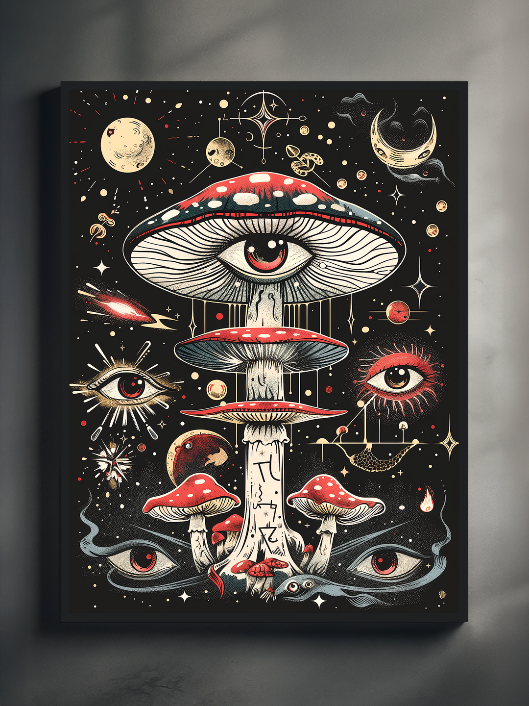Close-up view of a psychedelic magic mushroom poster with an eye design, framed in black, displayed against a soft gray background with subtle natural light.