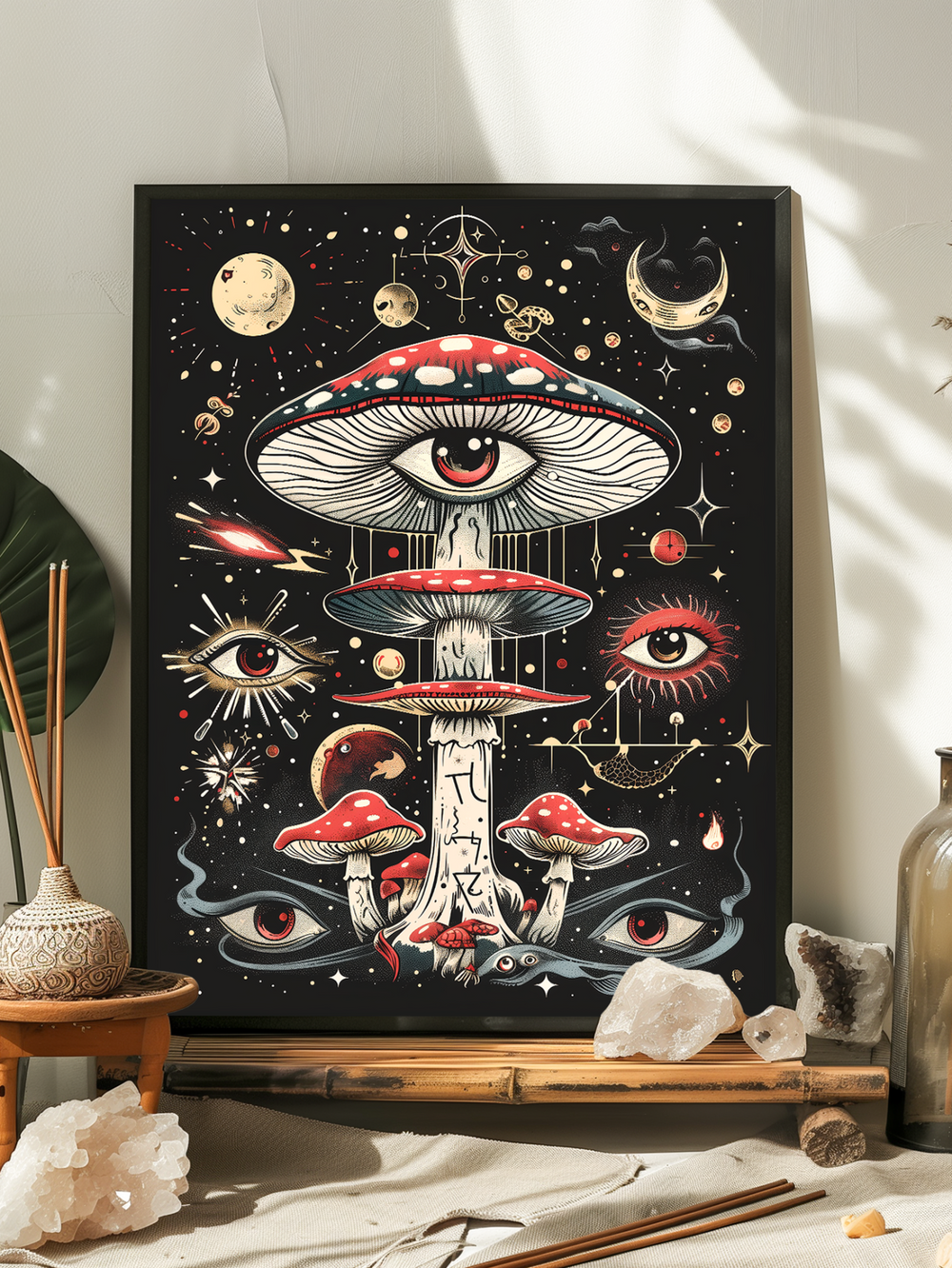 Minimalistic close-up of a black-framed poster featuring a magic mushroom psychedelic design, surrounded by crystals and incense sticks on a bamboo table, in a bright spiritual room.