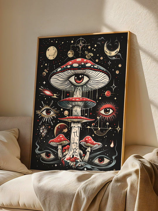 Framed psychedelic magic mushroom poster with eye designs leaning on a beige couch, surrounded by soft cushions and neutral cozy blankets in a minimalistic room.