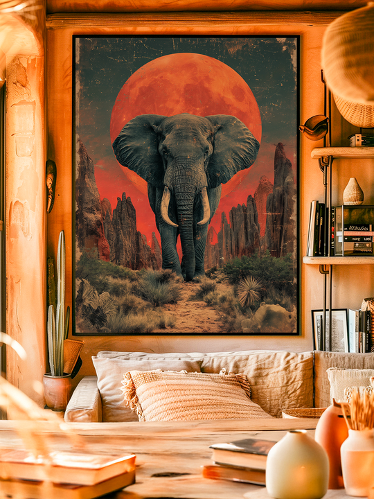 Stunning retro wall art depicting a powerful elephant walking through a desert canyon with rocky formations and dry vegetation. A glowing red sun sets dramatically in the background, highlighting the contrast between the dark elephant and the vivid sky. The artwork features a distressed vintage texture, making it a bold centerpiece for safari themed interiors, wildlife art lovers, and rustic bohemian home decor.