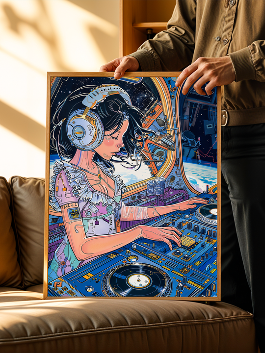 A person holds a framed futuristic DJ artwork featuring a female mixing vinyl in a spaceship, set against a cozy living room backdrop with natural lighting and a leather couch.