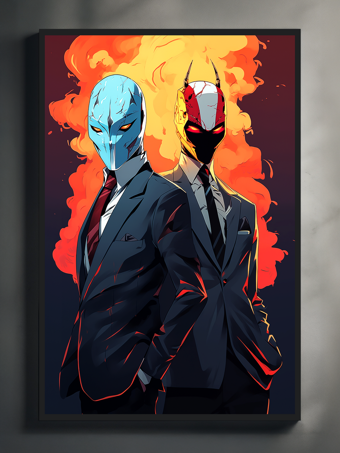 Cinematic poster featuring two masked figures in tailored suits standing back to back with glowing neon accents and fiery orange smoke behind them.