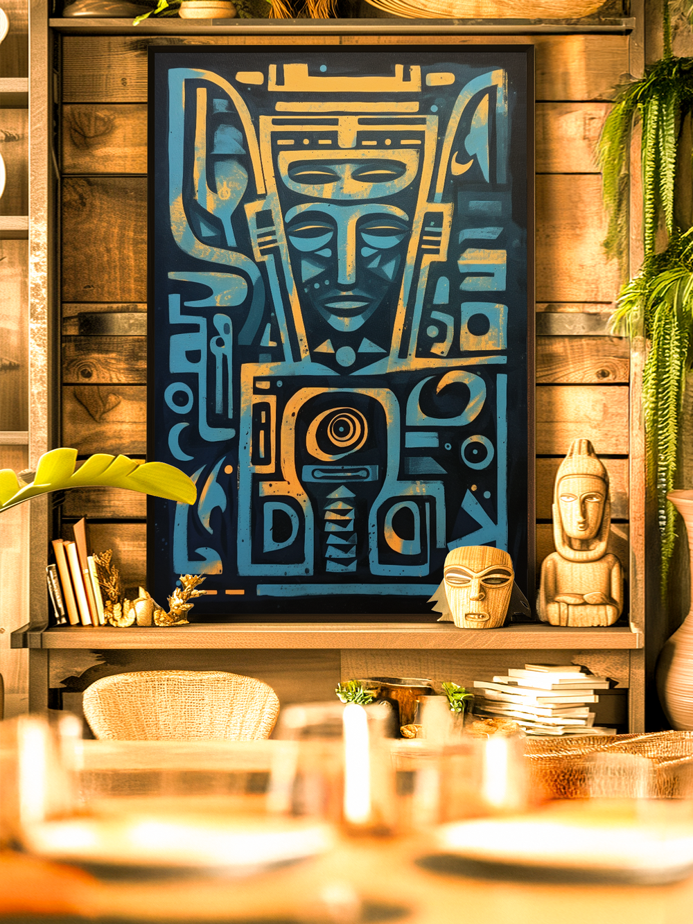 A framed Maya inspired tribal artwork in blue and yellow with geometric patterns and a stylized face, hanging on a wooden wall in a rustic dining or living room. The scene includes ethnic sculptures, books, and plants, with a dining table blurred in the foreground, creating a cozy interior atmosphere.