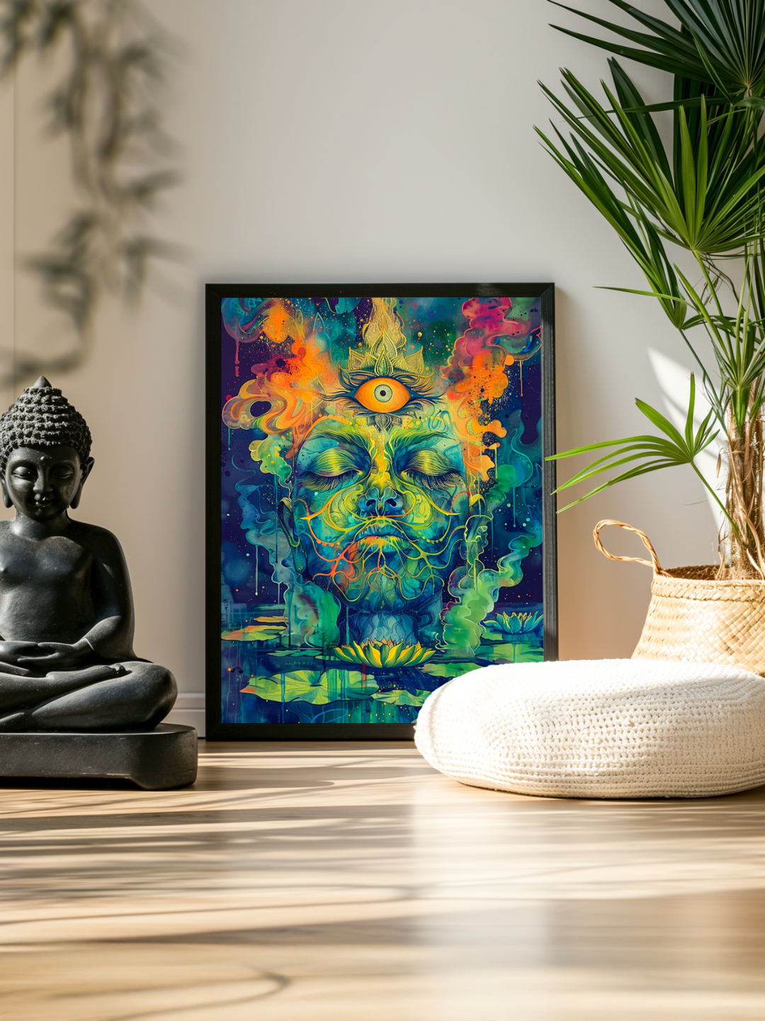Vibrant framed psychedelic artwork set in a serene meditation space with a Buddha statue, bright sunlight, green plants, and calming natural elements surrounding the poster.
