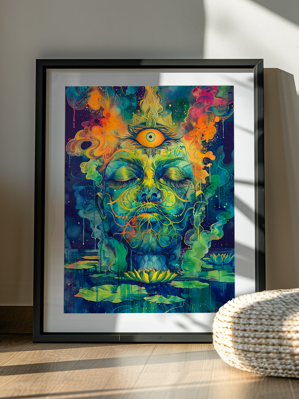 Framed psychedelic meditation artwork with vibrant colors and spiritual symbolism, displayed in a minimalistic yoga room with soft natural light and peaceful decor.
