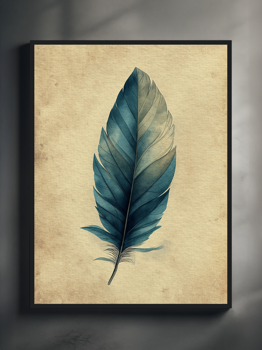 Calming minimalist wall art featuring a single blue feather in soft watercolor style on a textured beige background, modern boho and Scandinavian decor print for bedroom or living room.