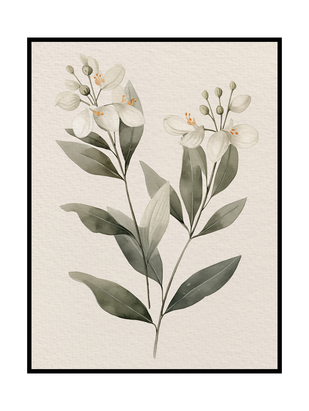 Minimalist botanical wall art poster featuring two elegant flowering branches with soft white blossoms, subtle yellow centers and muted green leaves on a light neutral background. Calm, airy illustration with a natural, organic feel and balanced composition. Timeless floral artwork designed as modern wall art for bedrooms, living rooms or Scandinavian-inspired interiors.