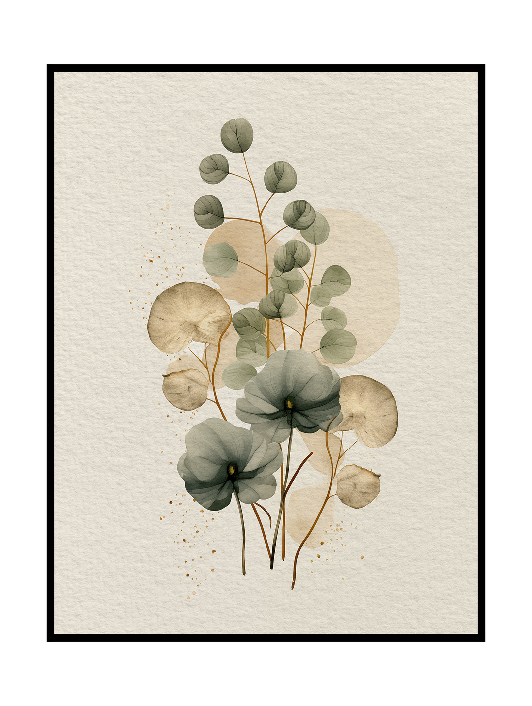 Minimalist botanical wall art poster featuring delicate green flowers with rounded translucent leaves and fine stems, arranged in a light, airy composition on a soft neutral background. Calm nature-inspired illustration with gentle gradients and an organic aesthetic, designed as modern wall art for bedrooms, living rooms or Scandinavian-style interiors.