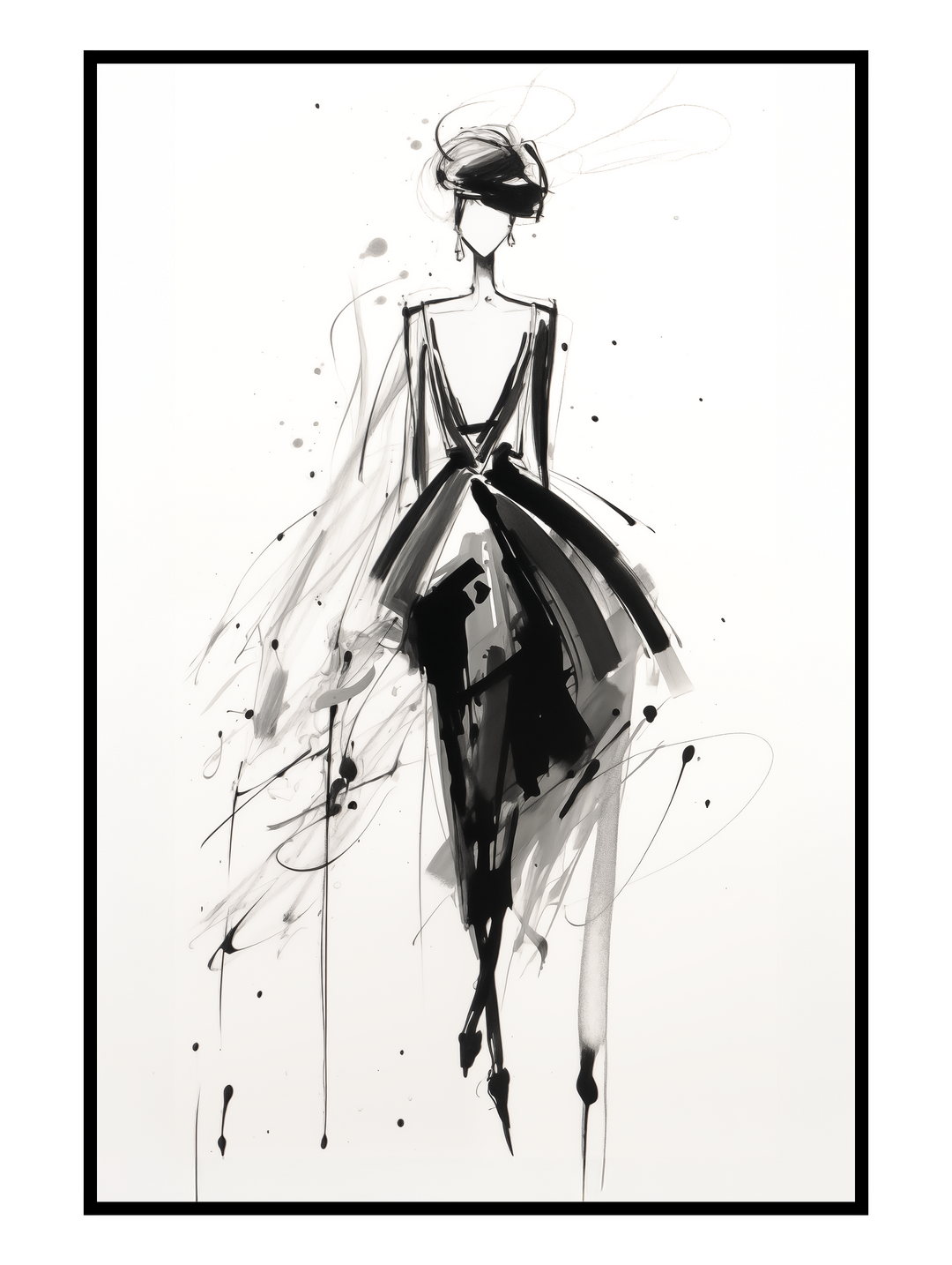 Minimalist wall art poster featuring an elegant fashion illustration of a slender female figure wearing a flowing black dress, rendered in expressive ink strokes and abstract splashes. Monochrome composition with dynamic movement and a couture-inspired silhouette creates a refined, modern aesthetic. Contemporary fashion artwork designed as statement wall art for stylish interiors, studios or design-focused living spaces.