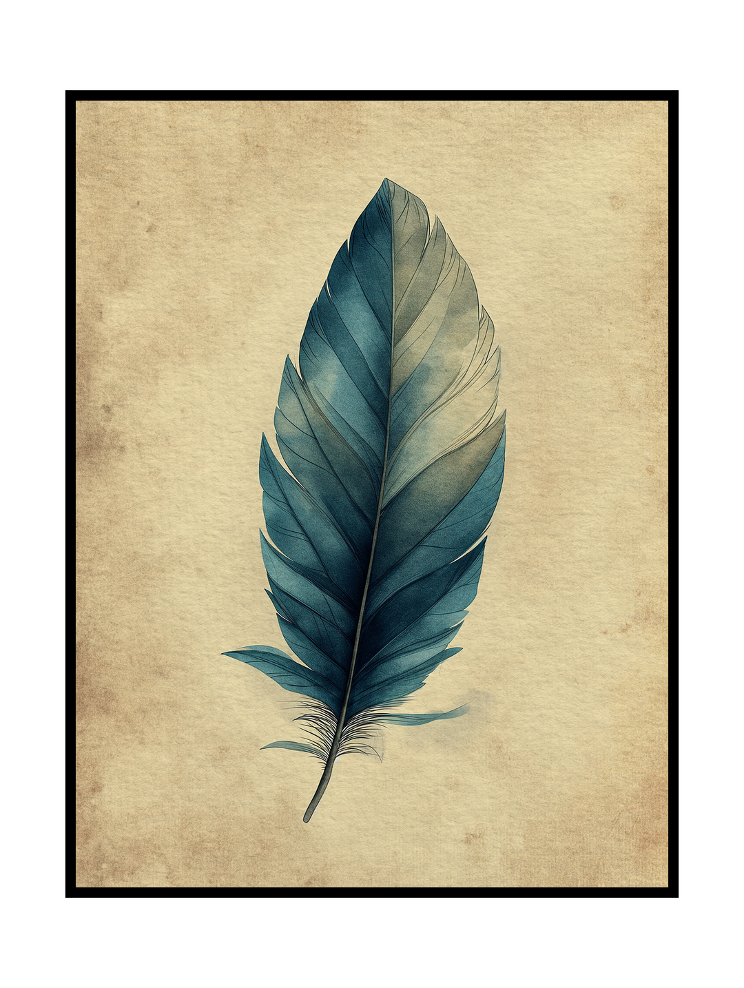 Minimalist wall art poster featuring a single detailed blue feather centered on a warm beige, vintage-textured background. Calm and balanced illustration with soft gradients and fine line details, creating a serene and timeless aesthetic. Subtle nature-inspired artwork designed as modern wall art for minimalist interiors, bedrooms, living rooms or quiet creative spaces.