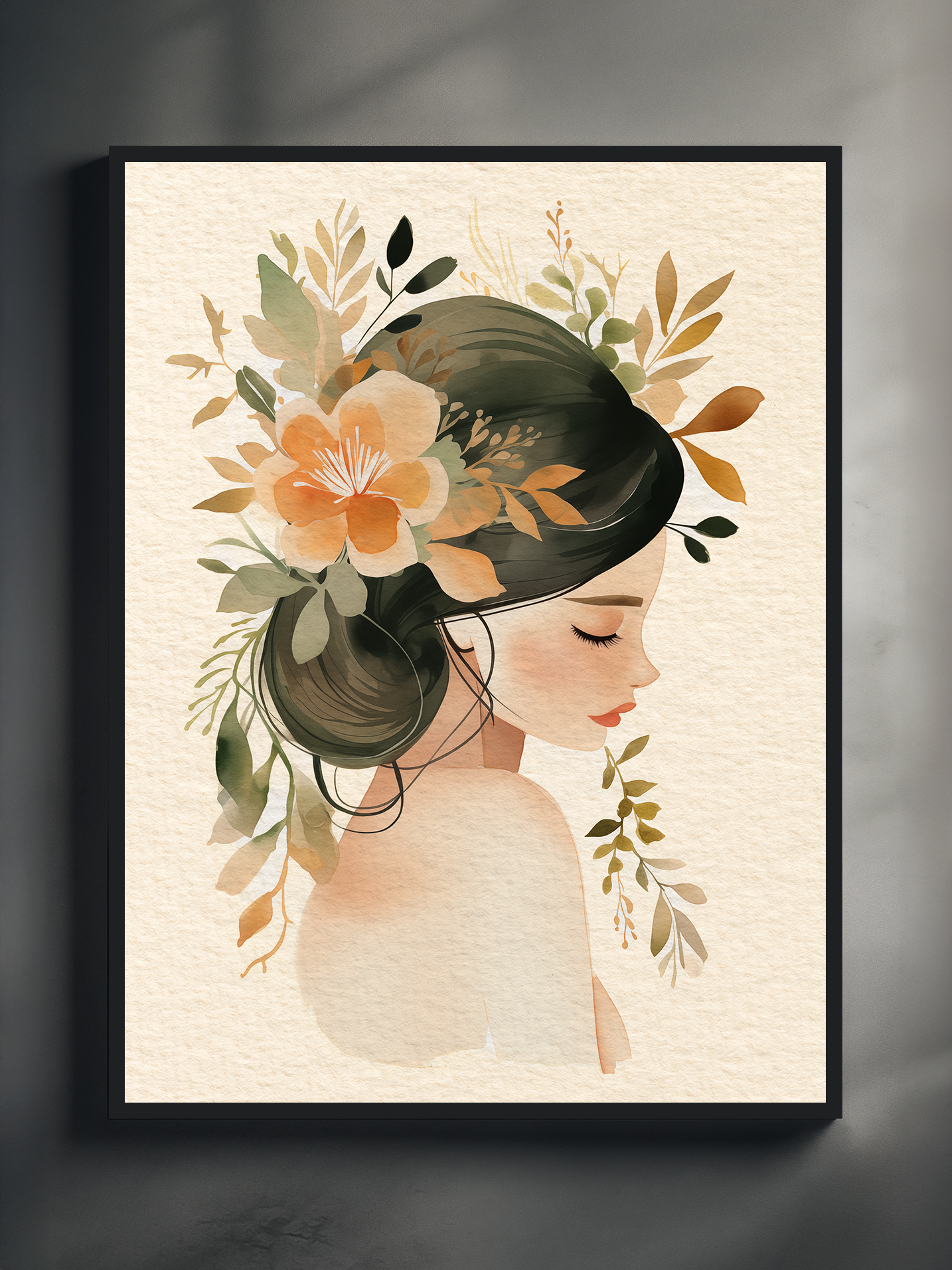 Soft minimalist wall art featuring a serene female profile with a floral hair arrangement in muted green and warm blush tones, modern Scandinavian botanical portrait print for calming decor.