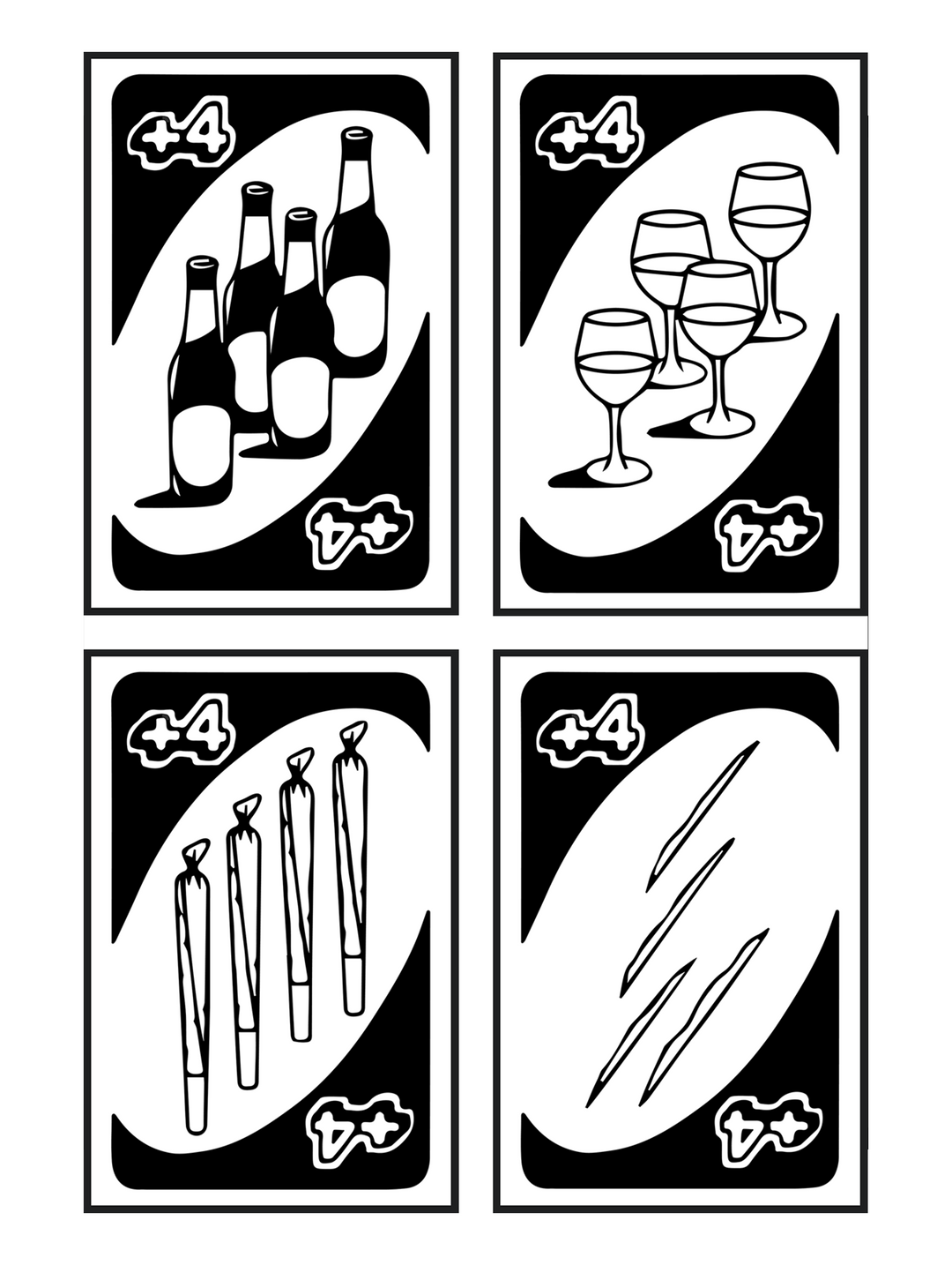 Clean monochrome illustration showing four minimalist card-style icons representing bottles, wine glasses, party favors, and abstract lines, designed in a bold black and white graphic style with a playful plus-four card concept.