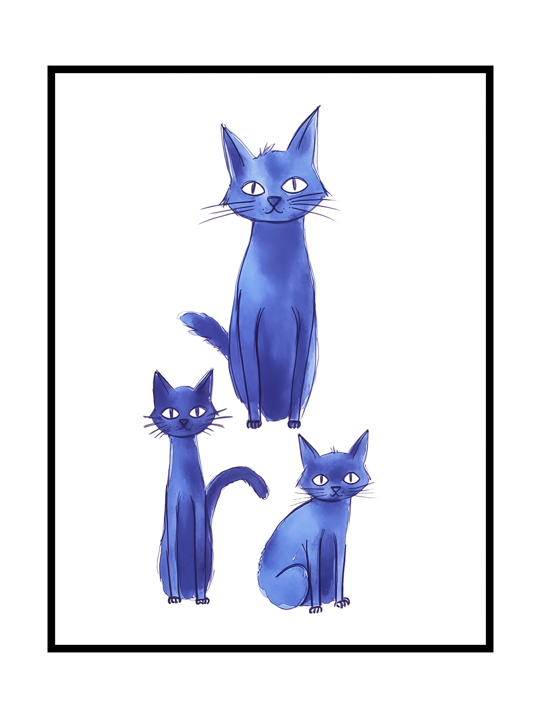 Minimalist art print featuring three stylized blue cats in different seated poses on a light background. The simple lines and soft textures create a calm, playful aesthetic, perfect for modern interiors, cat lover decor, nursery wall art, or Scandinavian-inspired spaces.