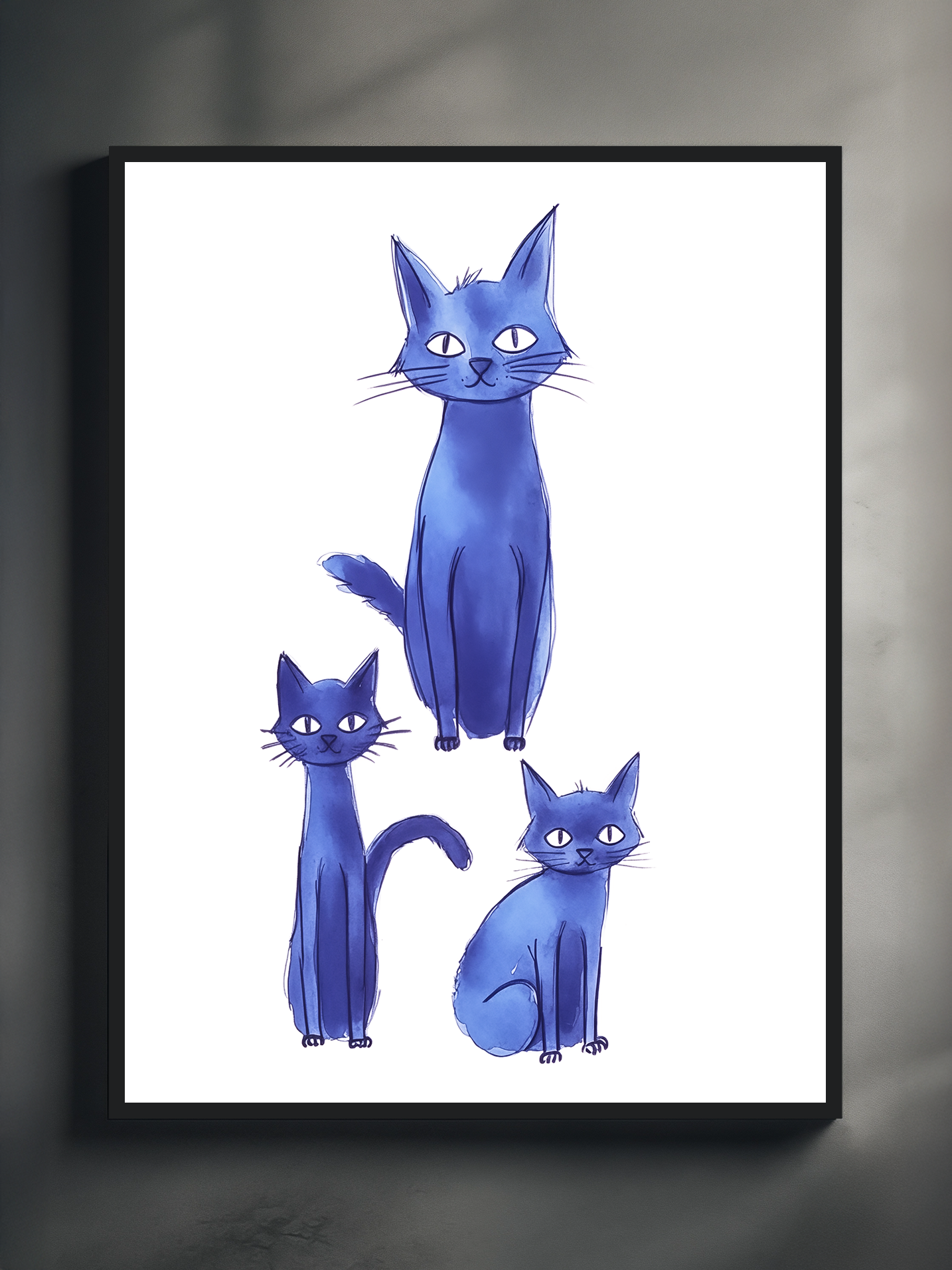 Framed print of three quirky blue cats on a white background, displayed in a sleek black frame with soft shadow lighting, emphasizing the playful yet minimalist style of the artwork.