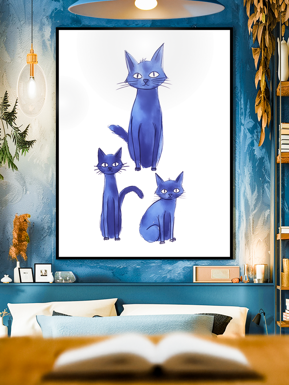 A framed wall art print featuring three stylized blue cats with simple, expressive details, displayed above a cozy bed. The artwork is set against textured blue walls, warm lighting, and natural decorative elements, creating a playful yet elegant interior design.