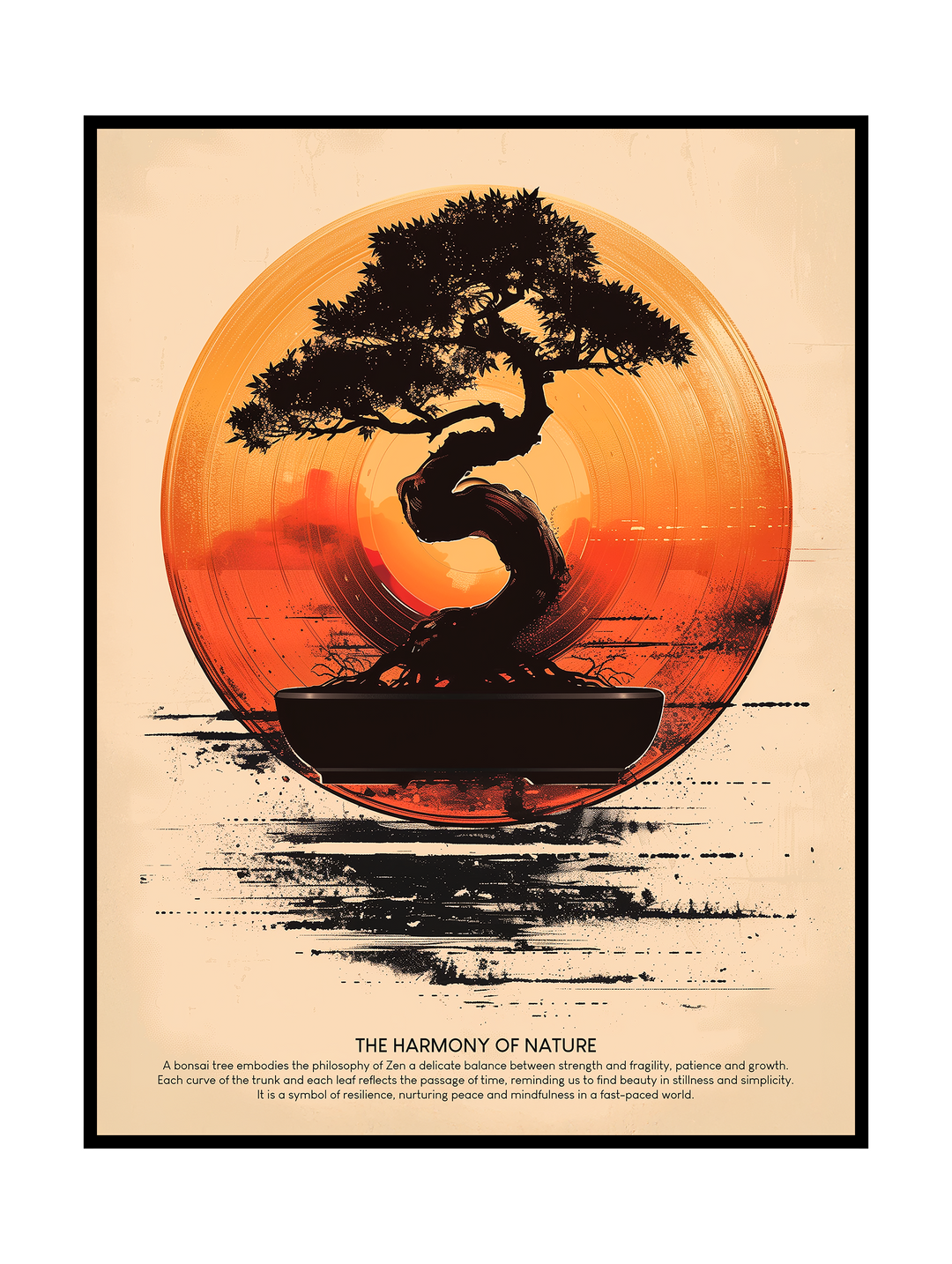 A minimalist illustration featuring a dark bonsai tree silhouette growing from a shallow bowl, centered against a large warm red circular backdrop resembling a rising sun. The composition uses clean lines, textured brush details, and a restrained color palette to evoke balance, calm, and harmony. Inspired by Japanese aesthetics and modern graphic design, the artwork emphasizes stillness, nature, and inner peace through simplicity and strong visual contrast.