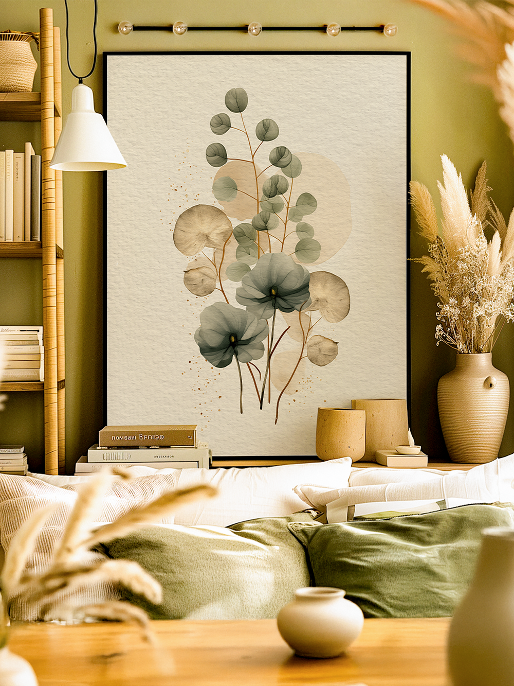 A framed botanical poster featuring soft green eucalyptus leaves and delicate floral illustrations displayed in a warm, earthy-toned living room. The design is surrounded by natural textures, wooden shelves, neutral cushions, and ceramic vases, creating a serene and organic atmosphere perfect for modern interior decor.