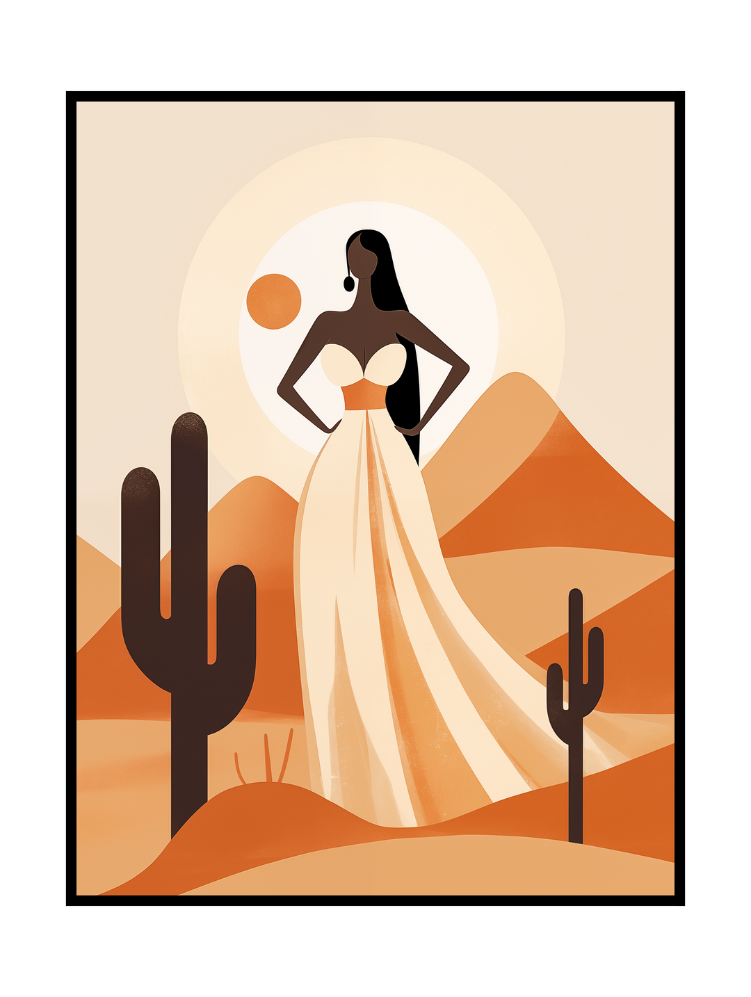 Elegant minimalist illustration of a woman standing confidently in a stylized desert landscape with mountains, cacti, and a warm sun. The artwork uses soft geometric shapes and earthy tones to create a modern boho desert poster that adds calm, balance, and sophistication to contemporary interior decor.
