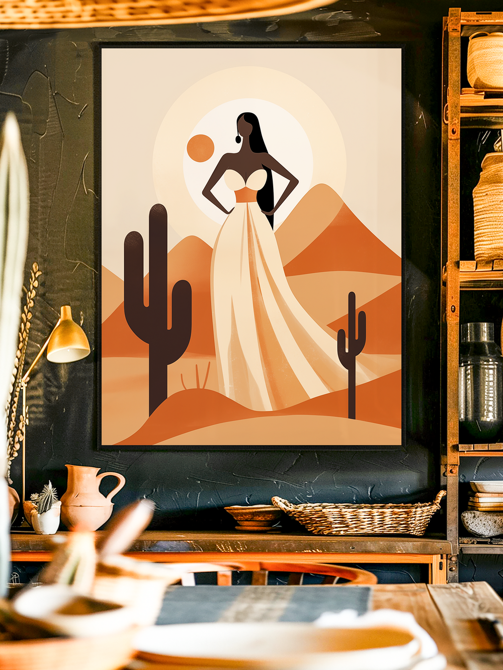 Modern minimalist artwork showing a stylized woman in a flowing white dress standing between desert cacti and mountains, with warm earthy tones and a sun in the background.