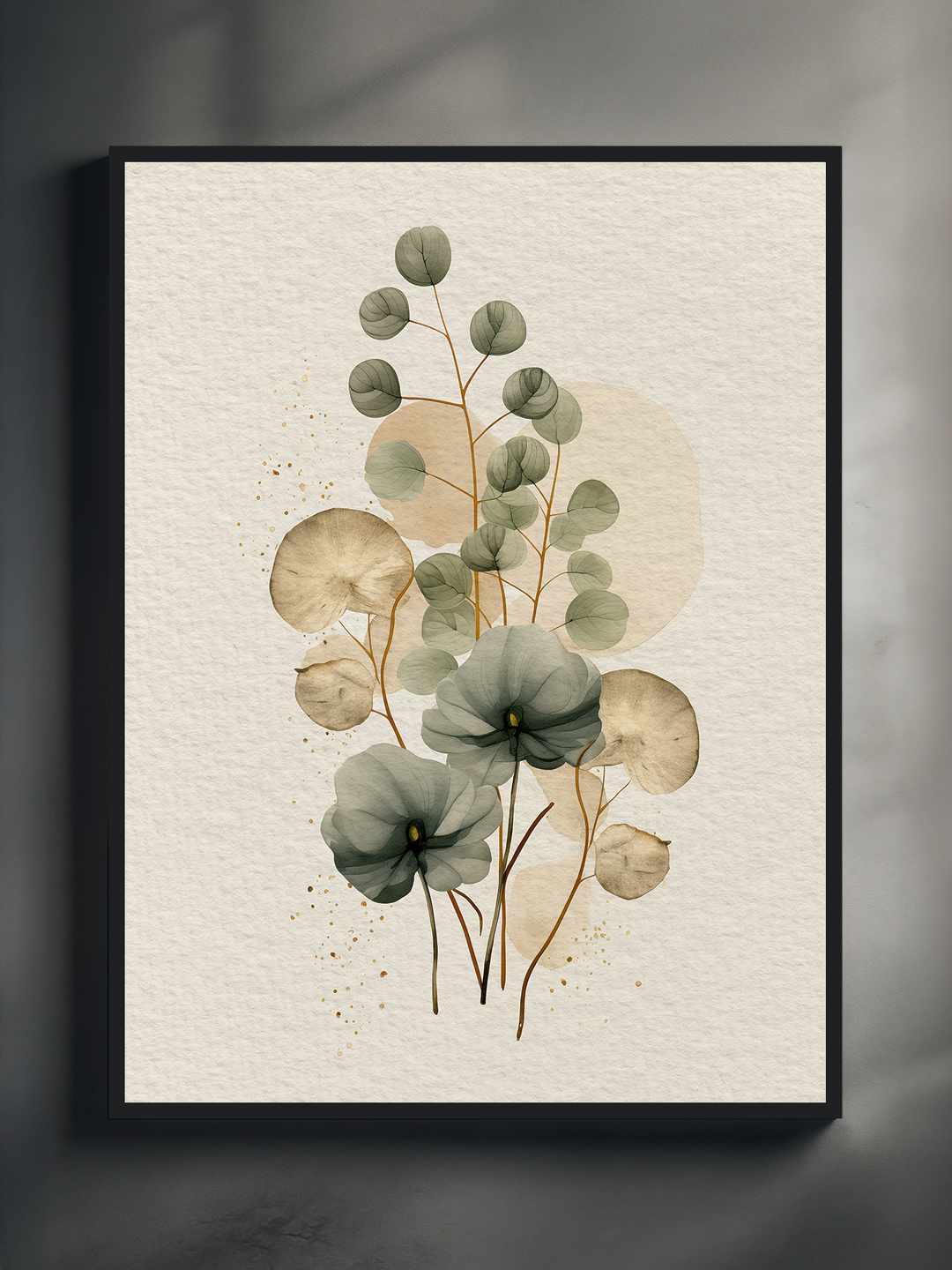 A modern botanical art print featuring soft green eucalyptus branches with delicate circular leaves and subtle abstract shapes in the background. The design is framed in black and displayed on a light gray surface, highlighting the calm, nature-inspired aesthetic ideal for contemporary interiors.