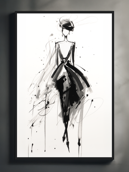 Elegant monochrome wall art featuring a minimalist fashion sketch of a runway model in a flowing black dress with ink splashes and loose brushstroke lines on a clean white background, modern chic decor print.