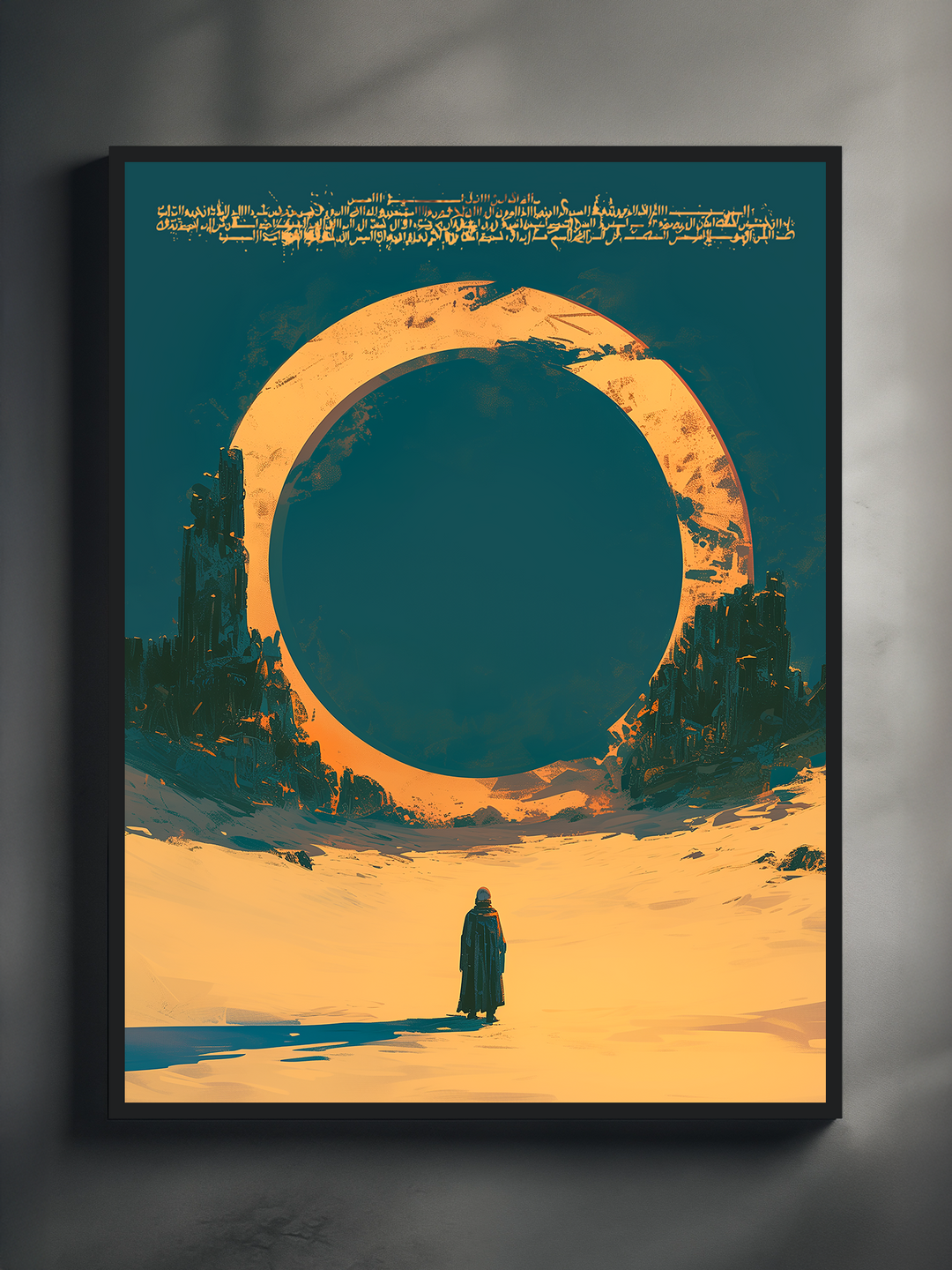 Surreal sci fi landscape showing a solitary figure in a vast desert looking toward a massive circular structure, with abstract ruins and bold blue sky.