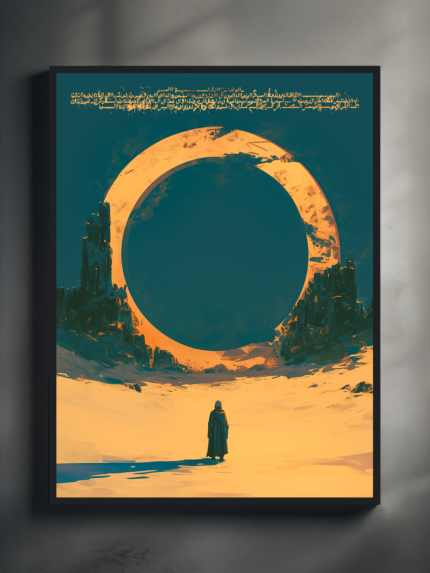 Surreal sci fi landscape showing a solitary figure in a vast desert looking toward a massive circular structure, with abstract ruins and bold blue sky.
