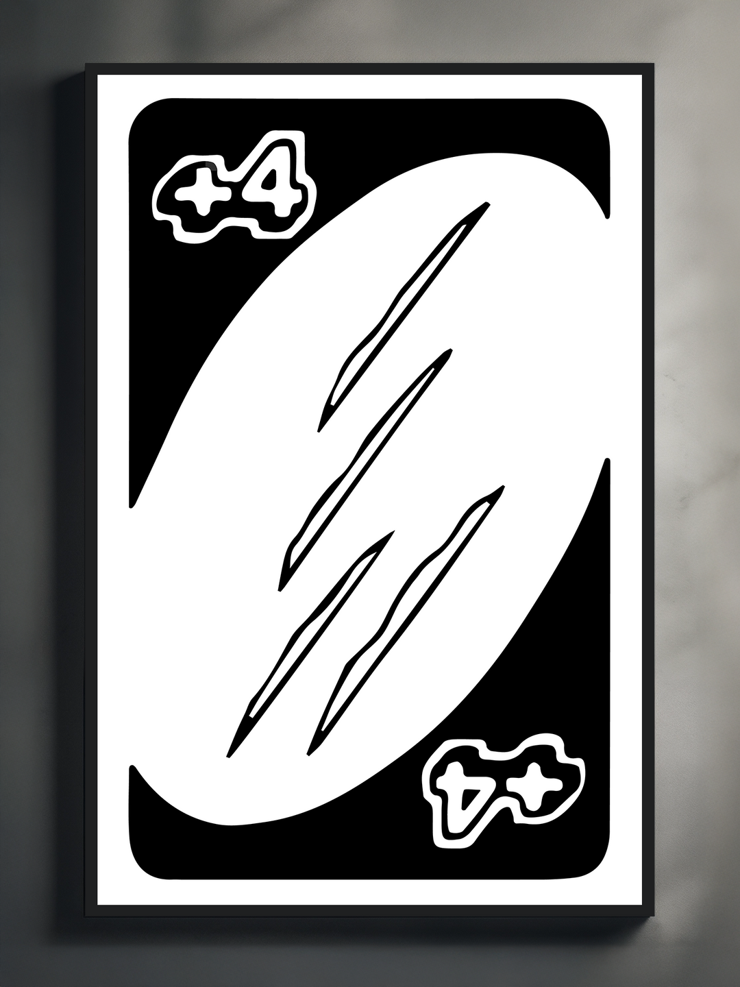 A stylized black and white parody of a UNO +4 card featuring four sharp diagonal lines resembling drug references, blending bold minimalist graphics with provocative adult humor in a striking wall art concept.
