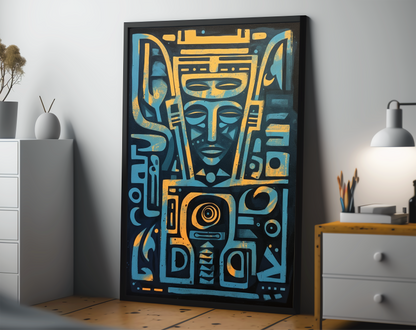 Egyptian God Face, Blue Yellow Egyptian Hieroglyphics Poster, Mystic Mask Art