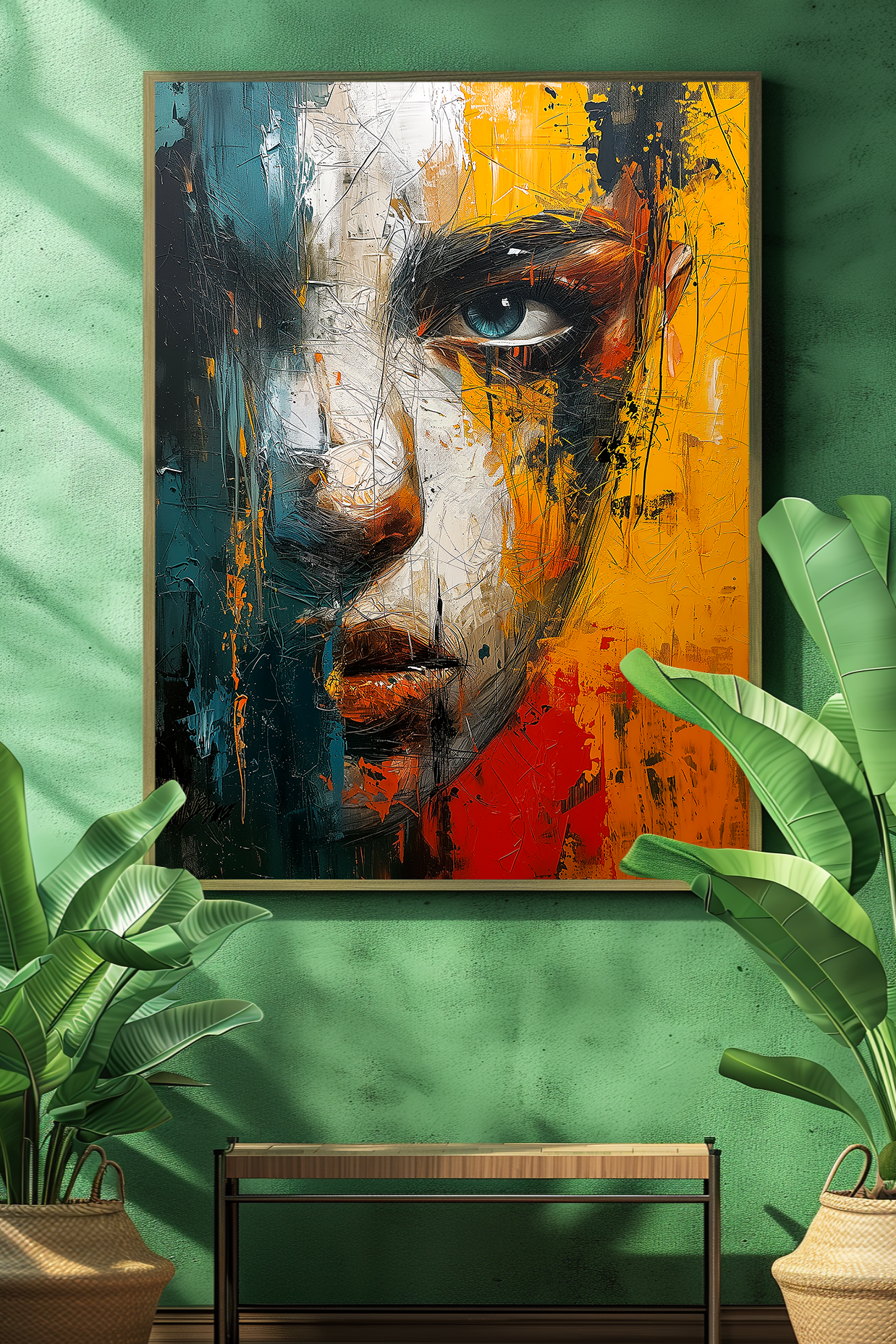 Colorful Face Oil Painting, Abstract Female Face Poster, Textured Canvas