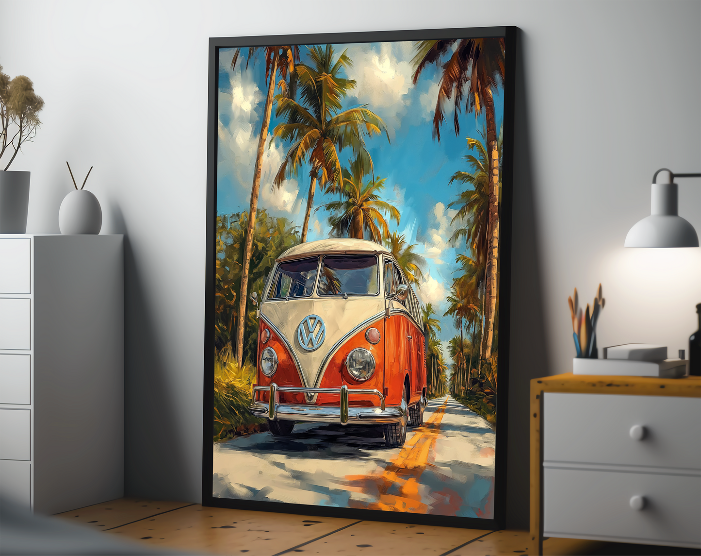 VW Camper With Palm Trees, Palette Knife Textured Painting